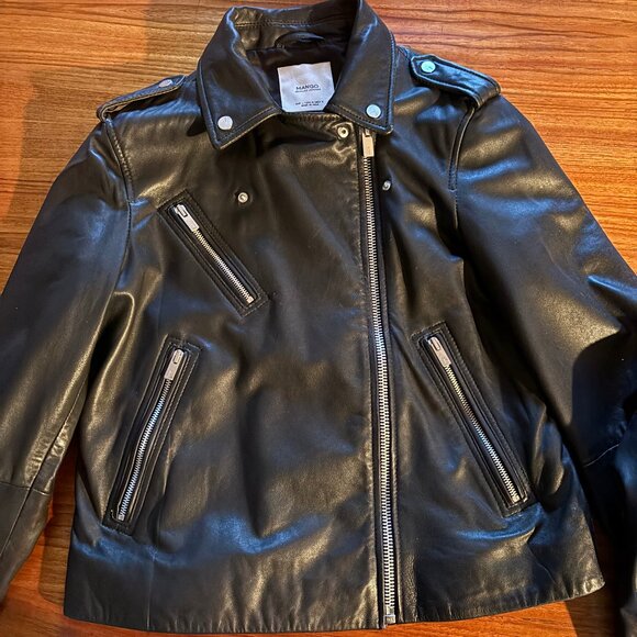 Mango Black Leather Moto Jacket LIKE NEW SHEEP LEATHER size Large - Picture 2 of 9